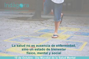 Imagen de una chica jugando a la rayuela y la frase "La salud no es ausencia de enfermedad, sino un estado de bienestar fisico, mental y social" (OMS)